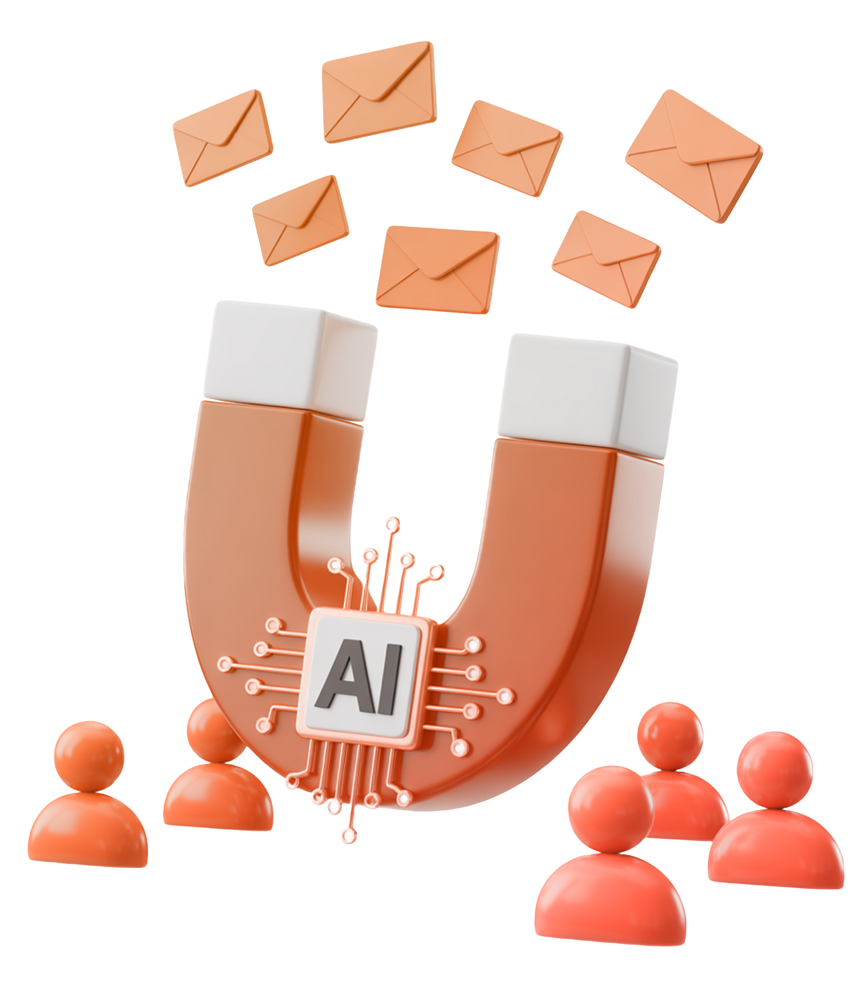 Lead magnet visual: 3D magnet with AI chip, envelopes, and people